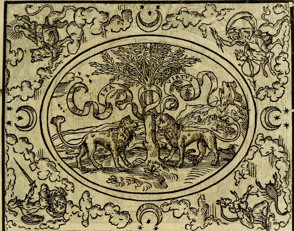 An illustration from La sententiose imprese, et dialogo del Symeone. Con la verificatione del sito di Gergobia, la geografia d'Ouernia, la figura & tempio d'Apolline in Velay; & il suo hieroglyfico monumento, natiuità, vita & epitaffio, 1560, leaf 82