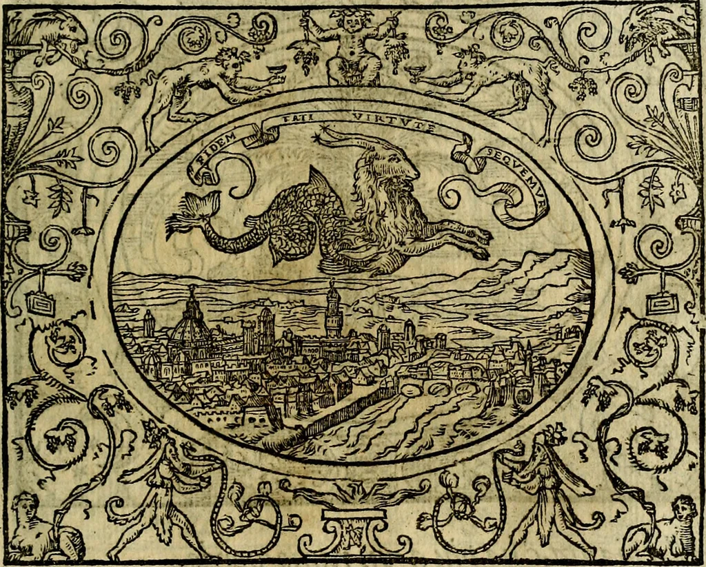 An illustration from La sententiose imprese, et dialogo del Symeone. Con la verificatione del sito di Gergobia, la geografia d'Ouernia, la figura & tempio d'Apolline in Velay; & il suo hieroglyfico monumento, natiuità, vita & epitaffio, 1560, leaf 84