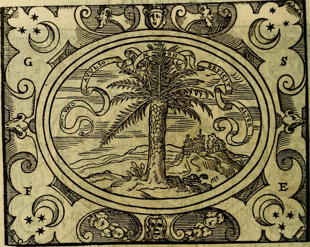 An illustration from La sententiose imprese, et dialogo del Symeone. Con la verificatione del sito di Gergobia, la geografia d'Ouernia, la figura & tempio d'Apolline in Velay; & il suo hieroglyfico monumento, natiuità, vita & epitaffio, 1560, leaf 85