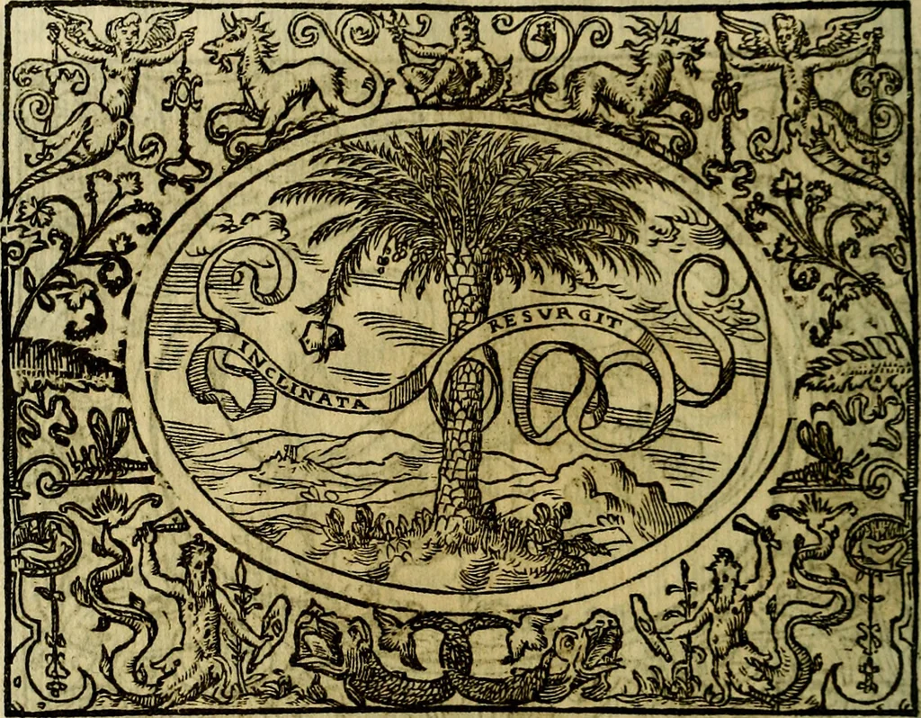 An illustration from La sententiose imprese, et dialogo del Symeone. Con la verificatione del sito di Gergobia, la geografia d'Ouernia, la figura & tempio d'Apolline in Velay; & il suo hieroglyfico monumento, natiuità, vita & epitaffio, 1560, leaf 87