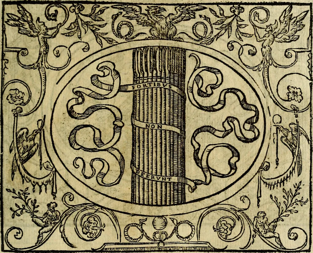 An illustration from La sententiose imprese, et dialogo del Symeone. Con la verificatione del sito di Gergobia, la geografia d'Ouernia, la figura & tempio d'Apolline in Velay; & il suo hieroglyfico monumento, natiuità, vita & epitaffio, 1560, leaf 88