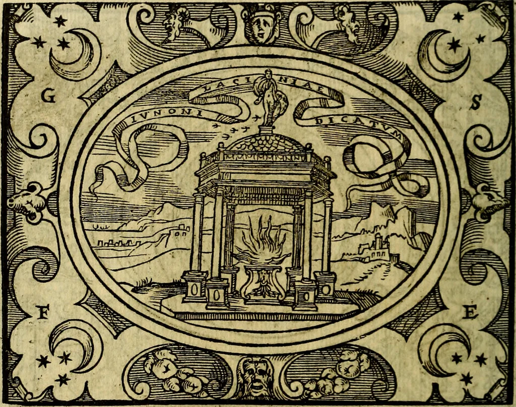 An illustration from La sententiose imprese, et dialogo del Symeone. Con la verificatione del sito di Gergobia, la geografia d'Ouernia, la figura & tempio d'Apolline in Velay; & il suo hieroglyfico monumento, natiuità, vita & epitaffio, 1560, leaf 93