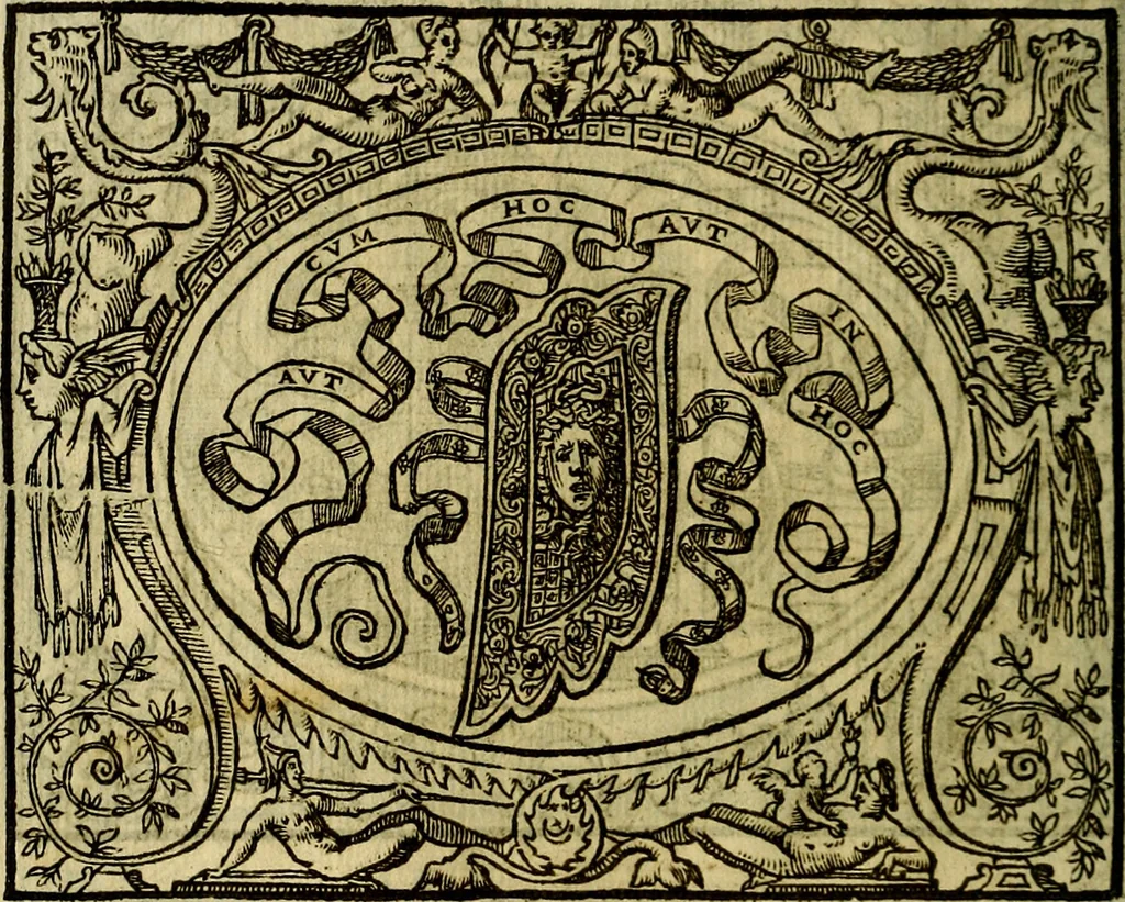 An illustration from La sententiose imprese, et dialogo del Symeone. Con la verificatione del sito di Gergobia, la geografia d'Ouernia, la figura & tempio d'Apolline in Velay; & il suo hieroglyfico monumento, natiuità, vita & epitaffio, 1560, leaf 95