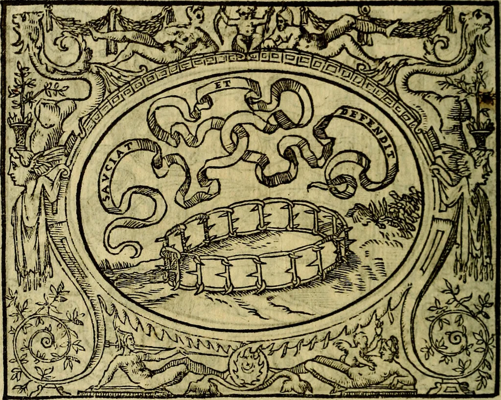 An illustration from La sententiose imprese, et dialogo del Symeone. Con la verificatione del sito di Gergobia, la geografia d'Ouernia, la figura & tempio d'Apolline in Velay; & il suo hieroglyfico monumento, natiuità, vita & epitaffio, 1560, leaf 99