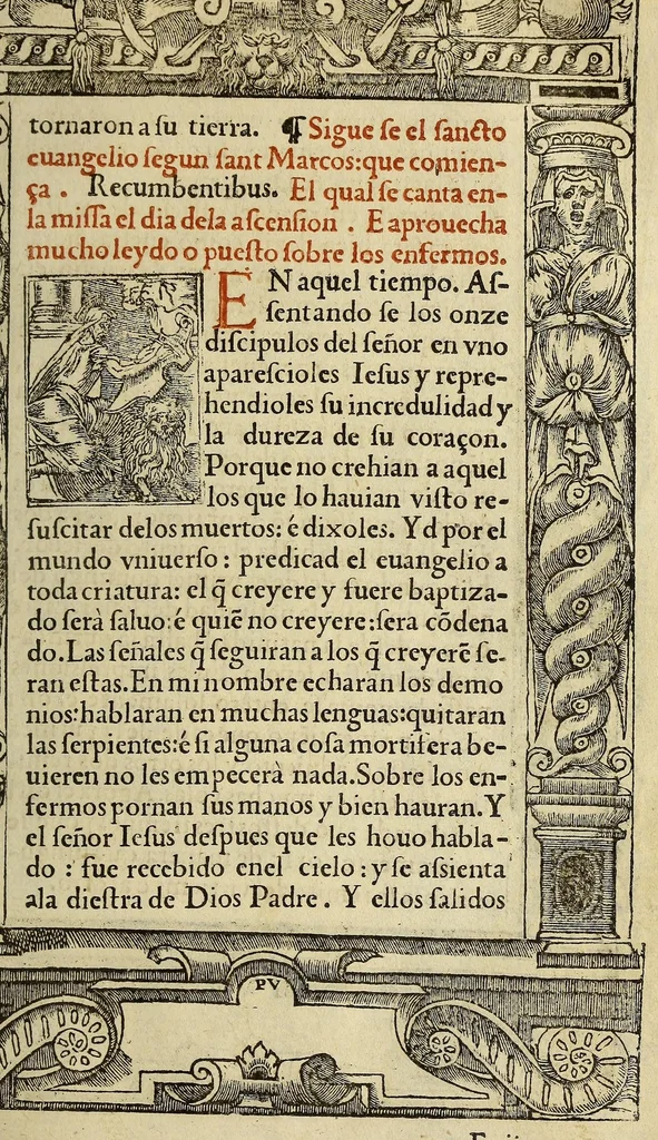An illustration from Las horas de Nuestra Señora segu[n] el vso romano : enlas quales son añadidas muchas oraciones muy deuotas. : Y de nueuo el rosario de Nuestra Señora: y son ad longu[m] ésin [sic] require, 1551, leaf 107