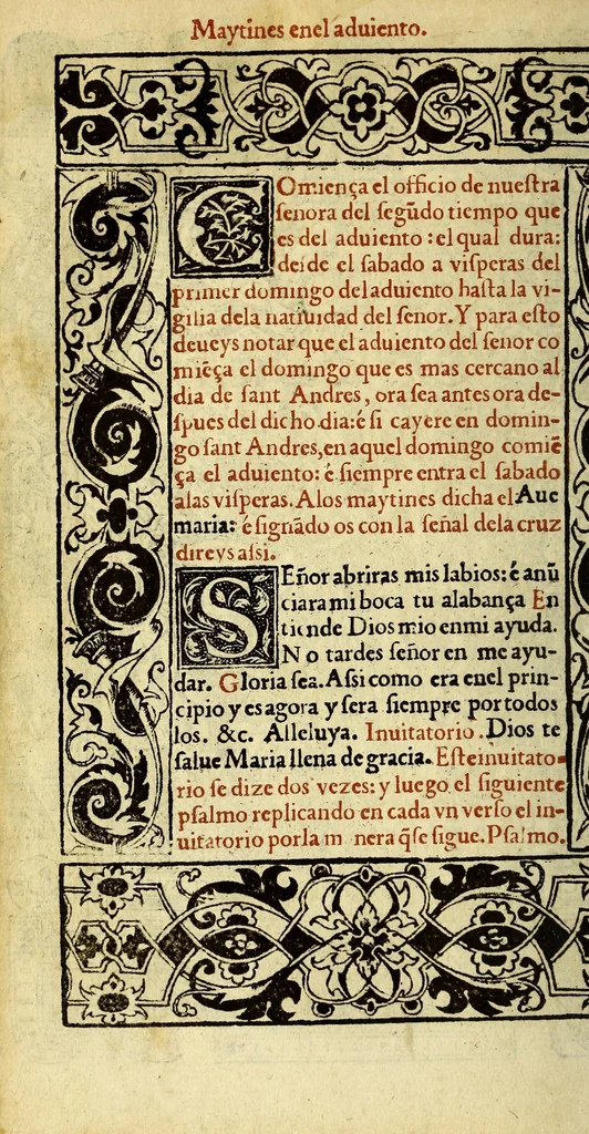 An illustration from Las horas de Nuestra Señora segu[n] el vso romano : enlas quales son añadidas muchas oraciones muy deuotas. : Y de nueuo el rosario de Nuestra Señora: y son ad longu[m] ésin [sic] require, 1551, leaf 174