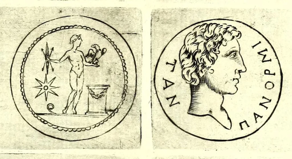An illustration from La Sicilia di Filippo Paruta descritta con medaglie, e ristampata con aggiunta da Leonardo Agostini : hora in miglior ordine disposta da Marco Maier : arrichita d'una descrittione compendiosa di quella famosa isola, & illustrata d'una succinta dichiaratione non più stampata intorno alle sue medaglie : con l'aggiunta della cronologia accomodata alla sudetta historia, 1697, leaf 129