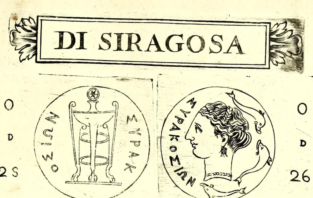 An illustration from La Sicilia di Filippo Paruta descritta con medaglie, e ristampata con aggiunta da Leonardo Agostini : hora in miglior ordine disposta da Marco Maier : arrichita d'una descrittione compendiosa di quella famosa isola, & illustrata d'una succinta dichiaratione non più stampata intorno alle sue medaglie : con l'aggiunta della cronologia accomodata alla sudetta historia, 1697, leaf 179