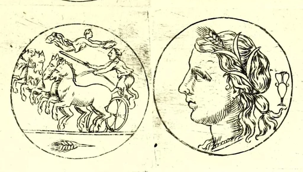 An illustration from La Sicilia di Filippo Paruta descritta con medaglie, e ristampata con aggiunta da Leonardo Agostini : hora in miglior ordine disposta da Marco Maier : arrichita d'una descrittione compendiosa di quella famosa isola, & illustrata d'una succinta dichiaratione non più stampata intorno alle sue medaglie : con l'aggiunta della cronologia accomodata alla sudetta historia, 1697, leaf 183