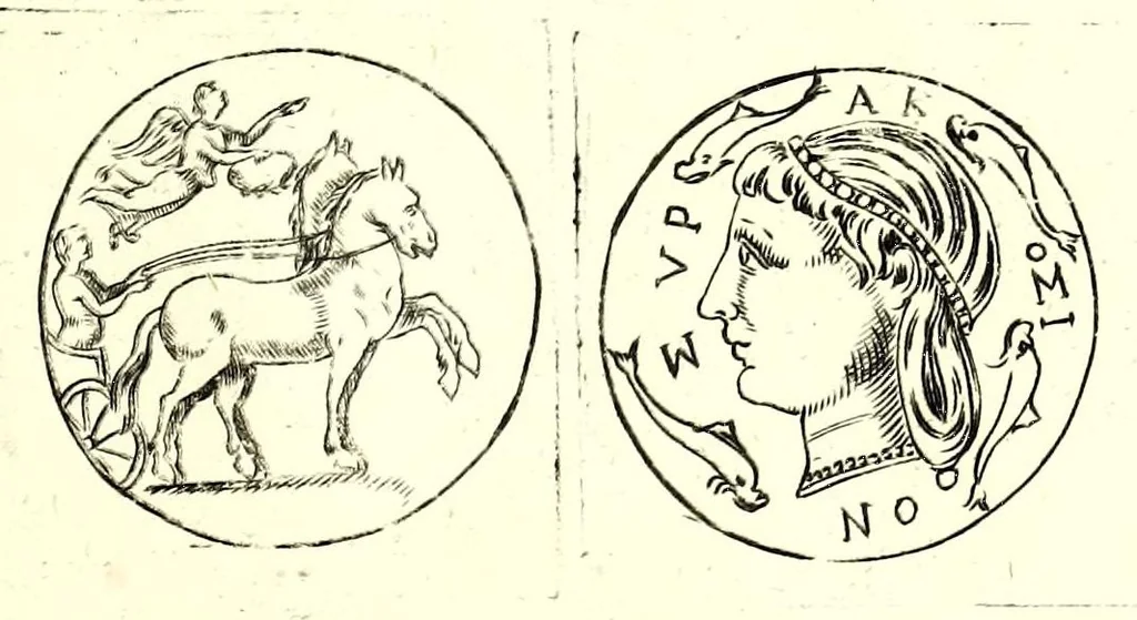 An illustration from La Sicilia di Filippo Paruta descritta con medaglie, e ristampata con aggiunta da Leonardo Agostini : hora in miglior ordine disposta da Marco Maier : arrichita d'una descrittione compendiosa di quella famosa isola, & illustrata d'una succinta dichiaratione non più stampata intorno alle sue medaglie : con l'aggiunta della cronologia accomodata alla sudetta historia, 1697, leaf 187