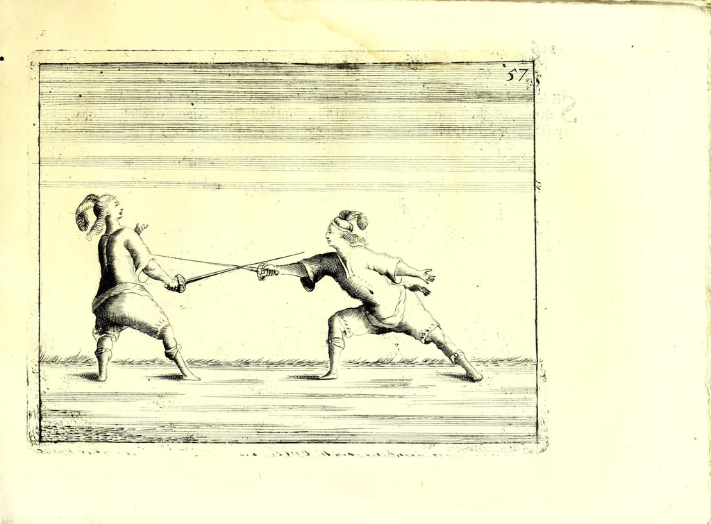 An illustration from La spada maestra di me Bondì di Mazo da Venetia : libro, doue si trattano i vantaggi della nobilissima professione della scherma sì del caminare, girare, & ritirarsi, come del ferire sicuramente, e difendersi, 1696, leaf 129