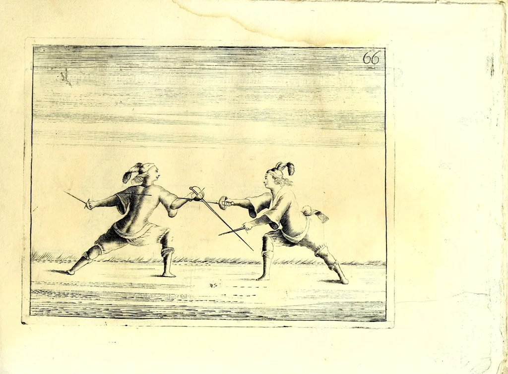 An illustration from La spada maestra di me Bondì di Mazo da Venetia : libro, doue si trattano i vantaggi della nobilissima professione della scherma sì del caminare, girare, & ritirarsi, come del ferire sicuramente, e difendersi, 1696, leaf 147