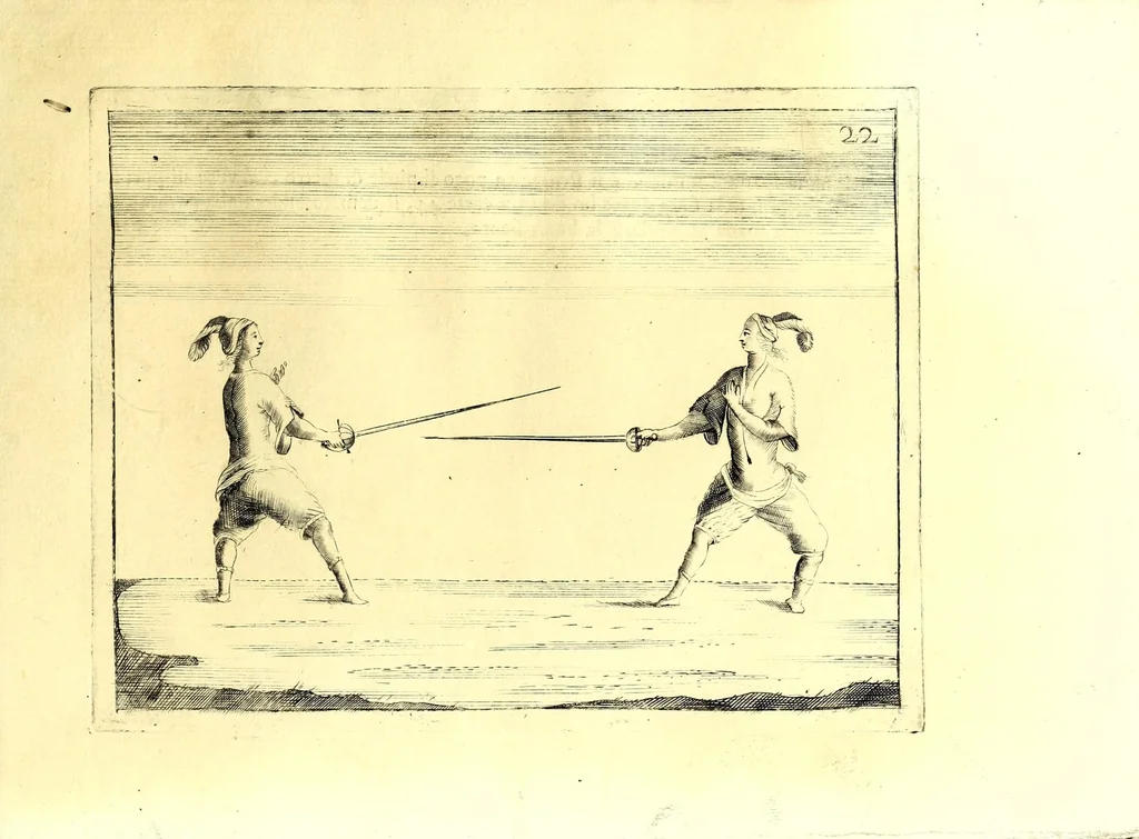 An illustration from La spada maestra di me Bondì di Mazo da Venetia : libro, doue si trattano i vantaggi della nobilissima professione della scherma sì del caminare, girare, & ritirarsi, come del ferire sicuramente, e difendersi, 1696, leaf 63