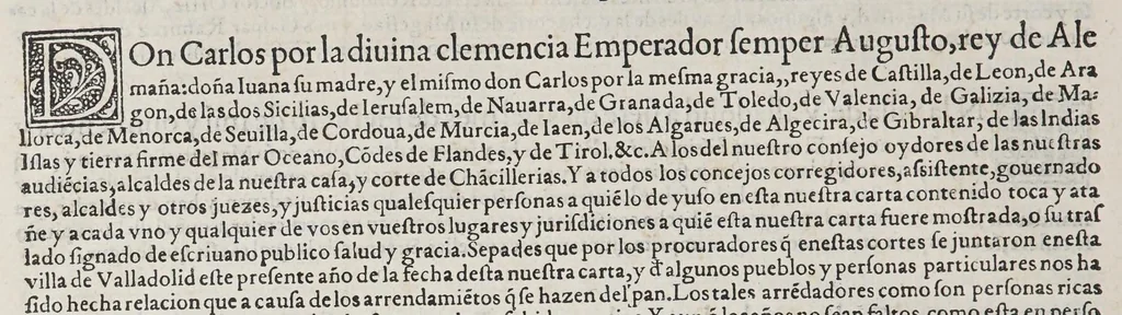 An illustration from Las pregmaticas y capitulos que Su Magestad del emperador y rey nuestro señor hizo en las cortes que se tuuieron con el serenissimo principe don Phelipe nuestro señor, en su nombre. En Valladolid. Año de mil y quinientos quarenta y ocho. : Van añadidas las pregmaticas de los arendadores del pan, y la pena de los reuendedores, que es la mesma que han de auer los arrendadores que vendieren pan alguno de lo que ouieren de rentas., 1564, leaf 56