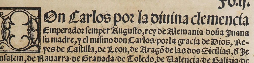 An illustration from Las pregmaticas y capitulos que Su Magestad del emperador y rey nuestro señor hizo en las cortes que se touieron con el serenissimo principe don Phelippe nuestro señor, en su nombre. : En Ualladolid. Año de mill y quinientos quarenta y ocho. Uan añadidas las pregmaticas de los arrendadores del pan, y la pena de los reuendedores, que es la mesma que han de auer los arrendadores que vendieren pan alguno de lo que ouieren de rentas., 1549, leaf 9