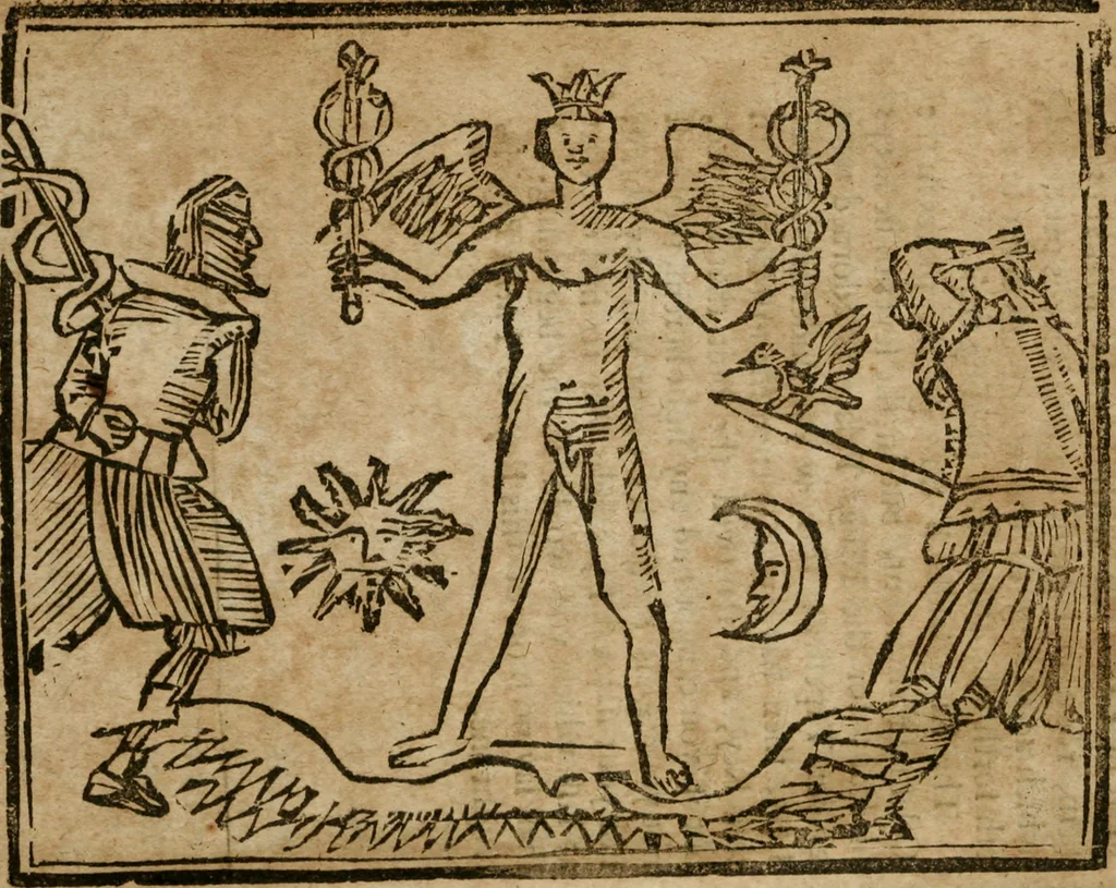 An illustration from The last vvill and testament of Basil Valentine, monke of the order of St. Bennet : which, being alone, he hid under a table of marble, behind the high-altar of the cathedral church, in the imperial city of Erford : leaving it there to be found by him, whom Gods providence should make worthy of it : to which is added two treatises, the first declaring his manual operations, the second shewing things natural and supernatural, 1671, leaf 263