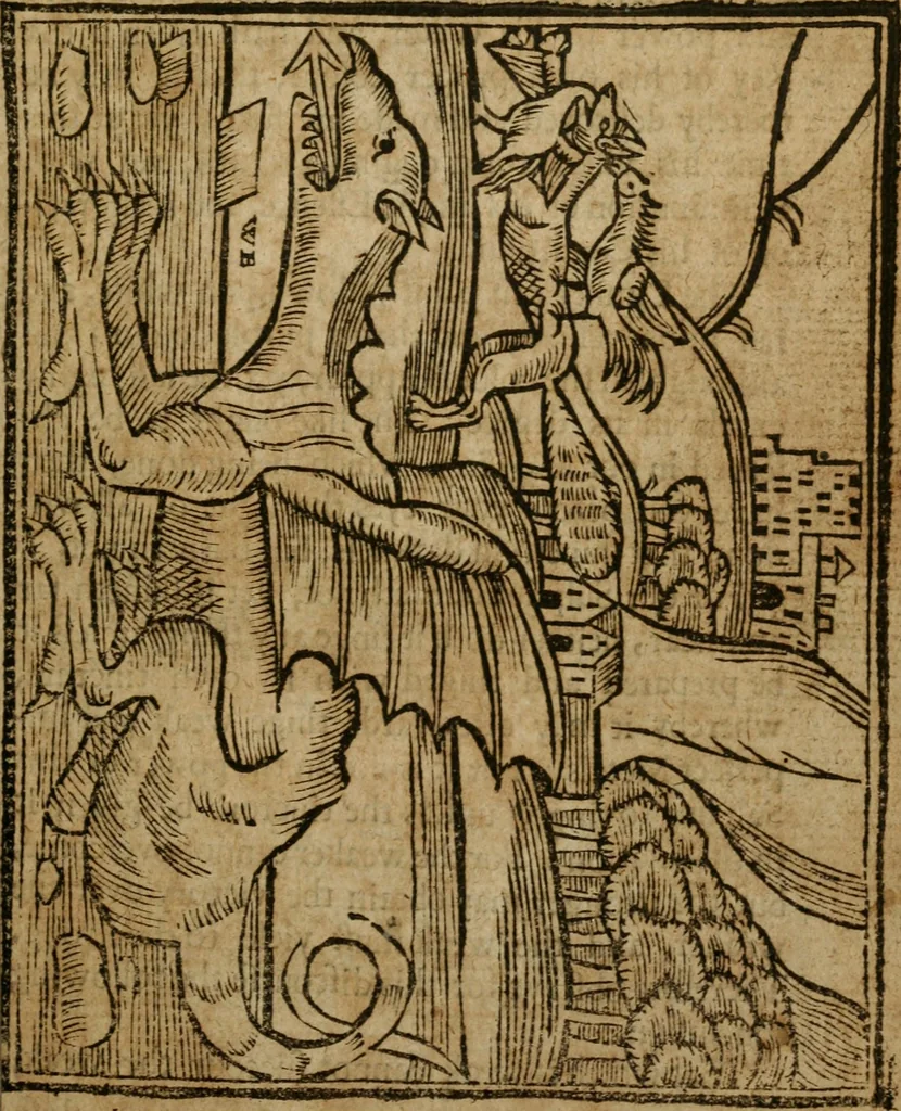 An illustration from The last vvill and testament of Basil Valentine, monke of the order of St. Bennet : which, being alone, he hid under a table of marble, behind the high-altar of the cathedral church, in the imperial city of Erford : leaving it there to be found by him, whom Gods providence should make worthy of it : to which is added two treatises, the first declaring his manual operations, the second shewing things natural and supernatural, 1671, leaf 266