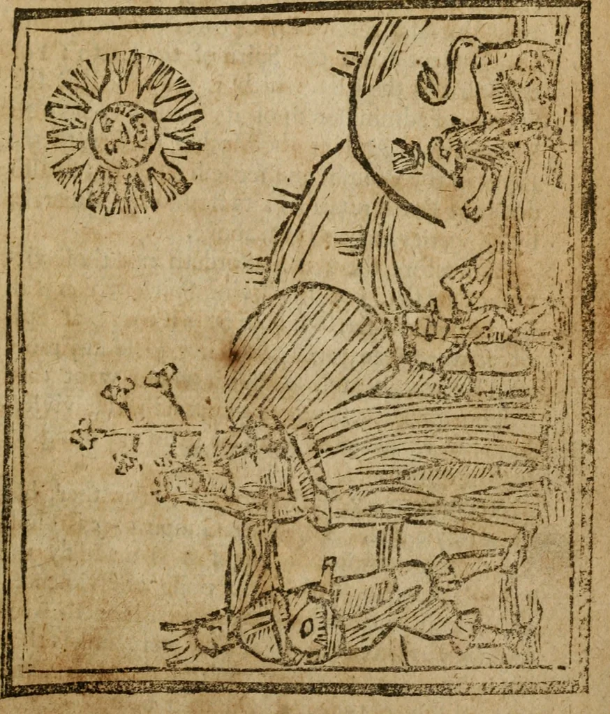 An illustration from The last vvill and testament of Basil Valentine, monke of the order of St. Bennet : which, being alone, he hid under a table of marble, behind the high-altar of the cathedral church, in the imperial city of Erford : leaving it there to be found by him, whom Gods providence should make worthy of it : to which is added two treatises, the first declaring his manual operations, the second shewing things natural and supernatural, 1671, leaf 272