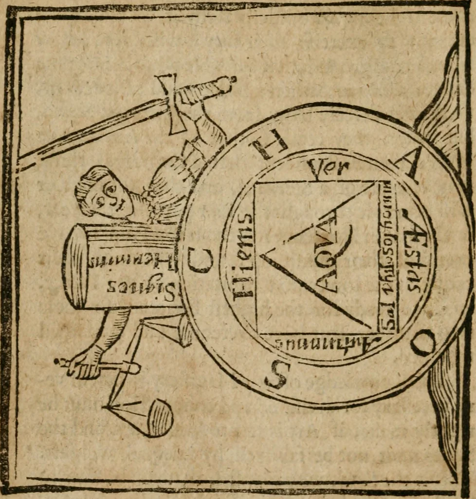 An illustration from The last vvill and testament of Basil Valentine, monke of the order of St. Bennet : which, being alone, he hid under a table of marble, behind the high-altar of the cathedral church, in the imperial city of Erford : leaving it there to be found by him, whom Gods providence should make worthy of it : to which is added two treatises, the first declaring his manual operations, the second shewing things natural and supernatural, 1671, leaf 279