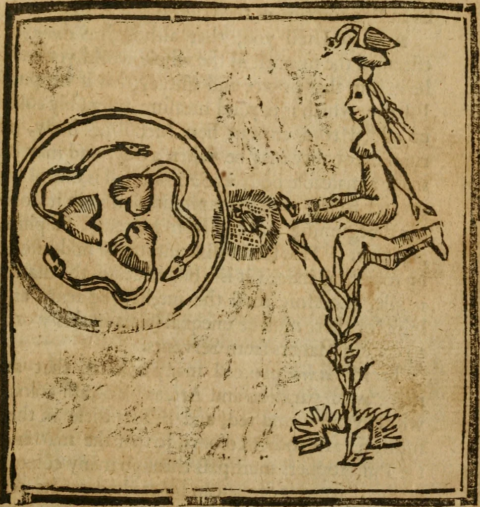 An illustration from The last vvill and testament of Basil Valentine, monke of the order of St. Bennet : which, being alone, he hid under a table of marble, behind the high-altar of the cathedral church, in the imperial city of Erford : leaving it there to be found by him, whom Gods providence should make worthy of it : to which is added two treatises, the first declaring his manual operations, the second shewing things natural and supernatural, 1671, leaf 290