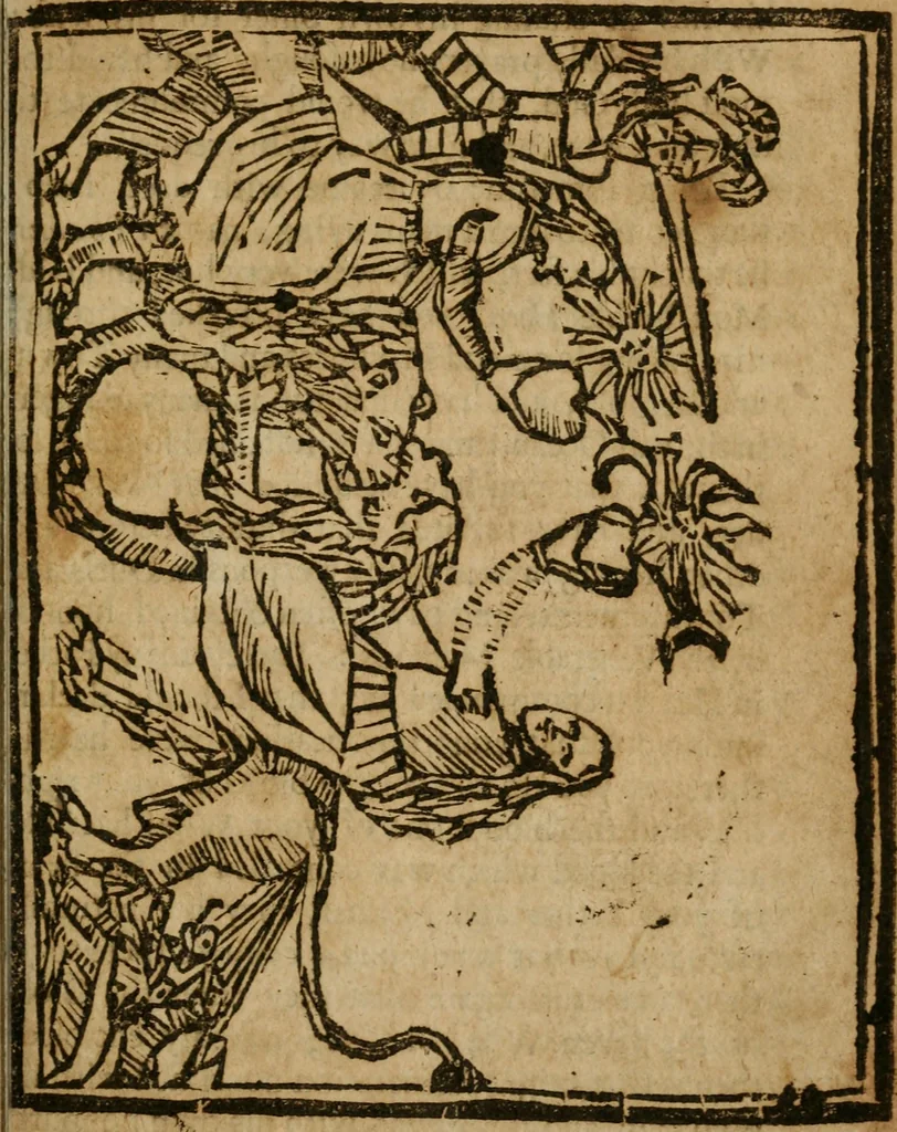 An illustration from The last vvill and testament of Basil Valentine, monke of the order of St. Bennet : which, being alone, he hid under a table of marble, behind the high-altar of the cathedral church, in the imperial city of Erford : leaving it there to be found by him, whom Gods providence should make worthy of it : to which is added two treatises, the first declaring his manual operations, the second shewing things natural and supernatural, 1671, leaf 298
