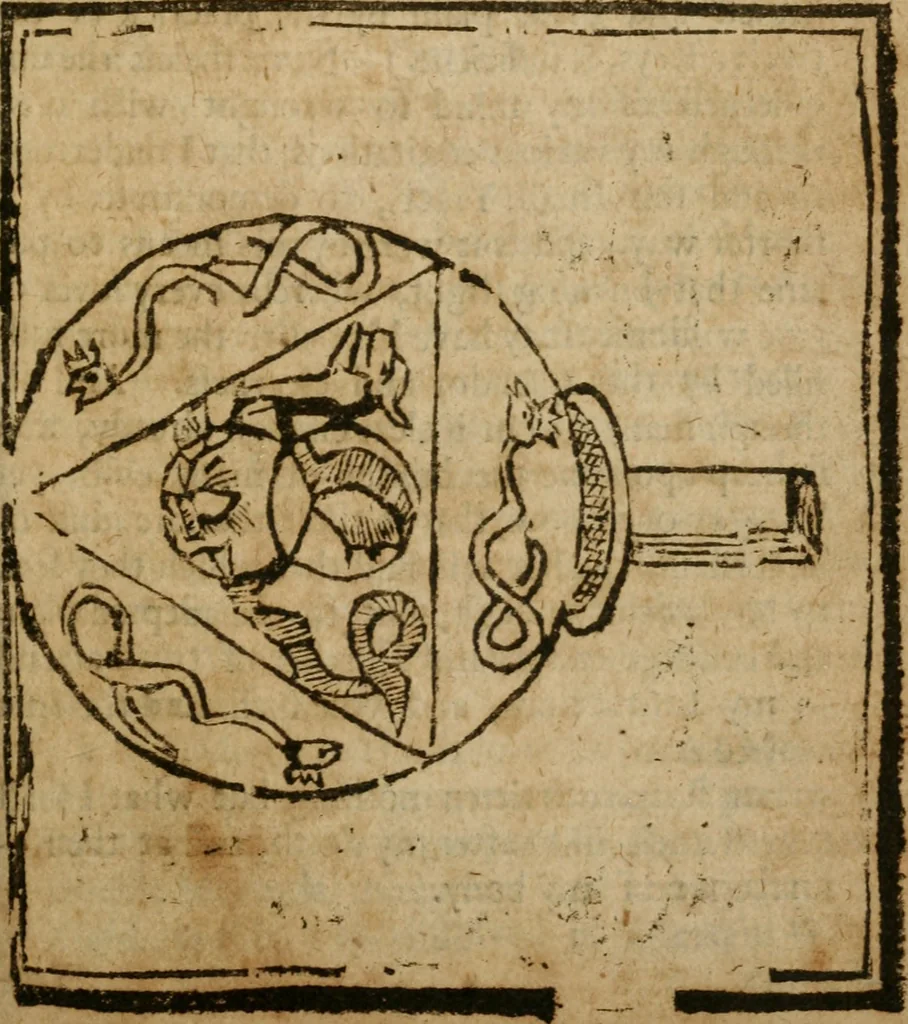 An illustration from The last vvill and testament of Basil Valentine, monke of the order of St. Bennet : which, being alone, he hid under a table of marble, behind the high-altar of the cathedral church, in the imperial city of Erford : leaving it there to be found by him, whom Gods providence should make worthy of it : to which is added two treatises, the first declaring his manual operations, the second shewing things natural and supernatural, 1671, leaf 306