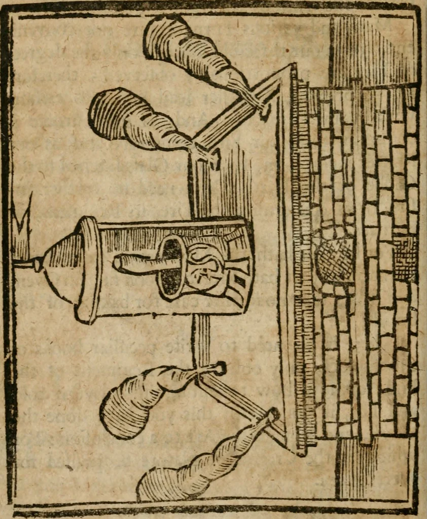 An illustration from The last vvill and testament of Basil Valentine, monke of the order of St. Bennet : which, being alone, he hid under a table of marble, behind the high-altar of the cathedral church, in the imperial city of Erford : leaving it there to be found by him, whom Gods providence should make worthy of it : to which is added two treatises, the first declaring his manual operations, the second shewing things natural and supernatural, 1671, leaf 315
