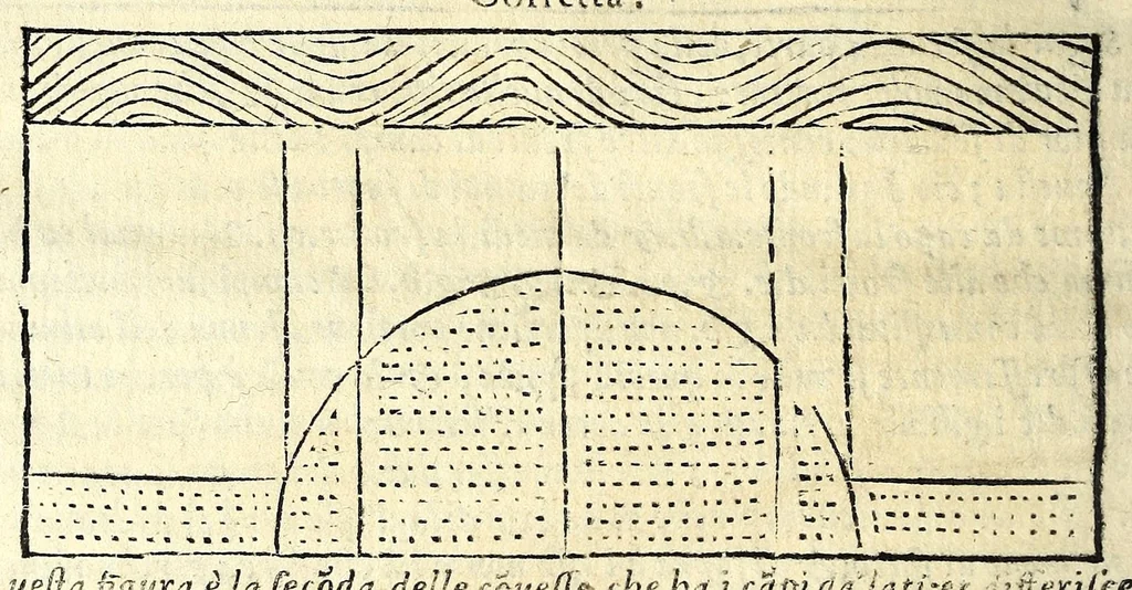 An illustration from La tiberiade di Bartole da Sasferrato, del modo di dividere l'alluuioni, l'isole, & gl'aluei, 1587, leaf 144