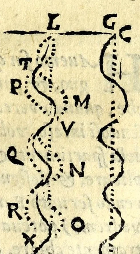 An illustration from La tiberiade di Bartole da Sasferrato, del modo di dividere l'alluuioni, l'isole, & gl'aluei, 1587, leaf 53