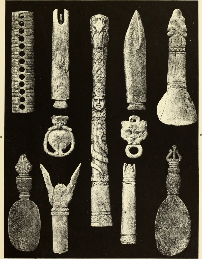 An illustration from La toilette chez les Romaines au temps des empereurs; étude des principaux objets de toilette en os trouvés dans les fouilles de la nécropole de Trion & du coteau de Fourvière, 1888, leaf 40
