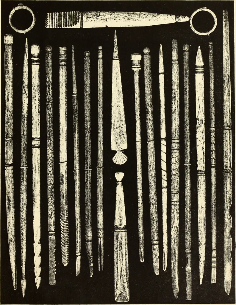 An illustration from La toilette chez les Romaines au temps des empereurs; étude des principaux objets de toilette en os trouvés dans les fouilles de la nécropole de Trion & du coteau de Fourvière, 1888, leaf 64