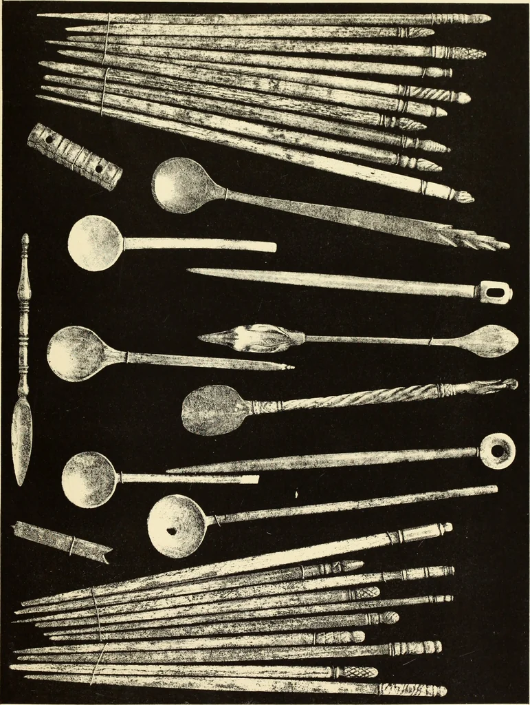 An illustration from La toilette chez les Romaines au temps des empereurs; étude des principaux objets de toilette en os trouvés dans les fouilles de la nécropole de Trion & du coteau de Fourvière, 1888, leaf 76