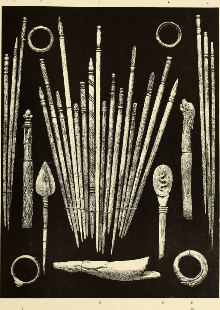 An illustration from La toilette chez les Romaines au temps des empereurs; étude des principaux objets de toilette en os trouvés dans les fouilles de la nécropole de Trion & du coteau de Fourvière, 1888, leaf 80