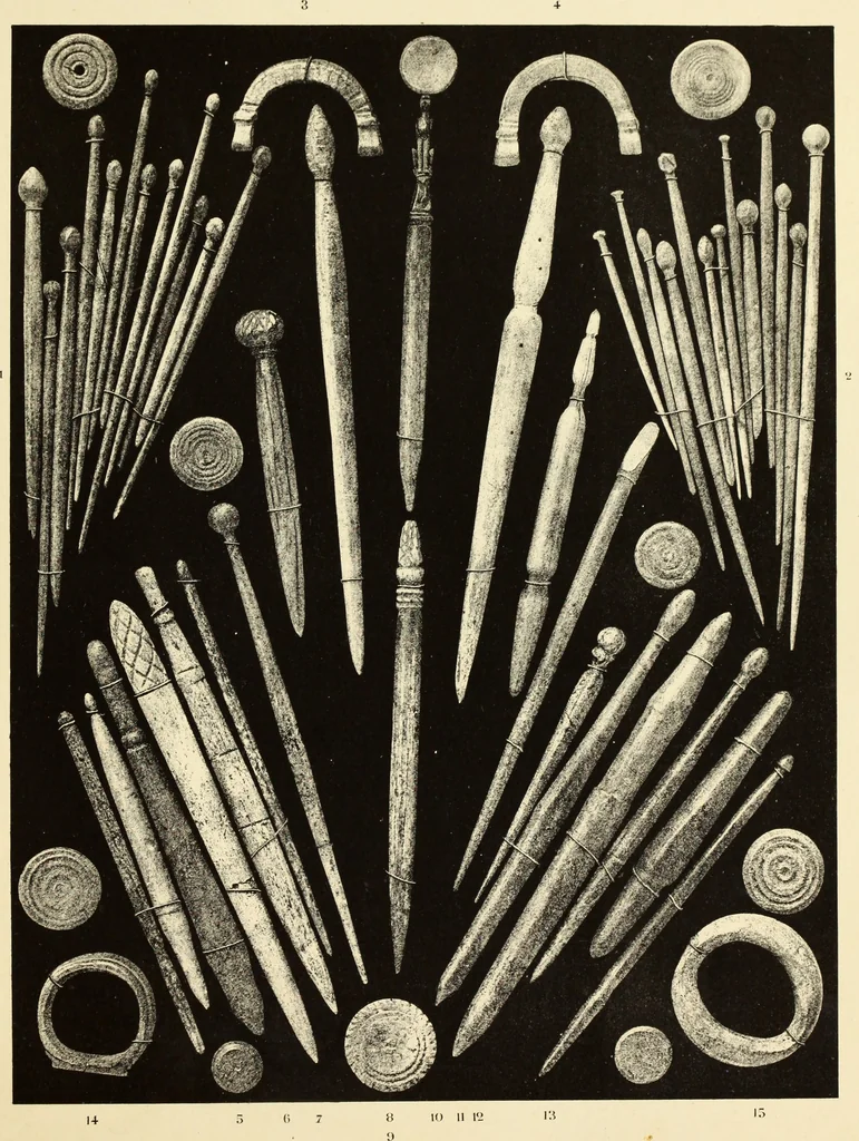 An illustration from La toilette chez les Romaines au temps des empereurs; étude des principaux objets de toilette en os trouvés dans les fouilles de la nécropole de Trion & du coteau de Fourvière, 1888, leaf 84