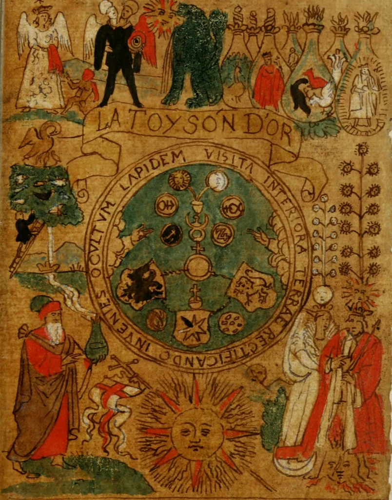 An illustration from La toyson d'or, ov, La flevr des thresors, en laqvelle est svccinctement & methodiquement traicté de la pierre des philosophes, de son excellence, effects & vertu admirable : plvs, de son origine & du vray moyen de pouuoir paruenir à perfection ..., 1612, leaf 6
