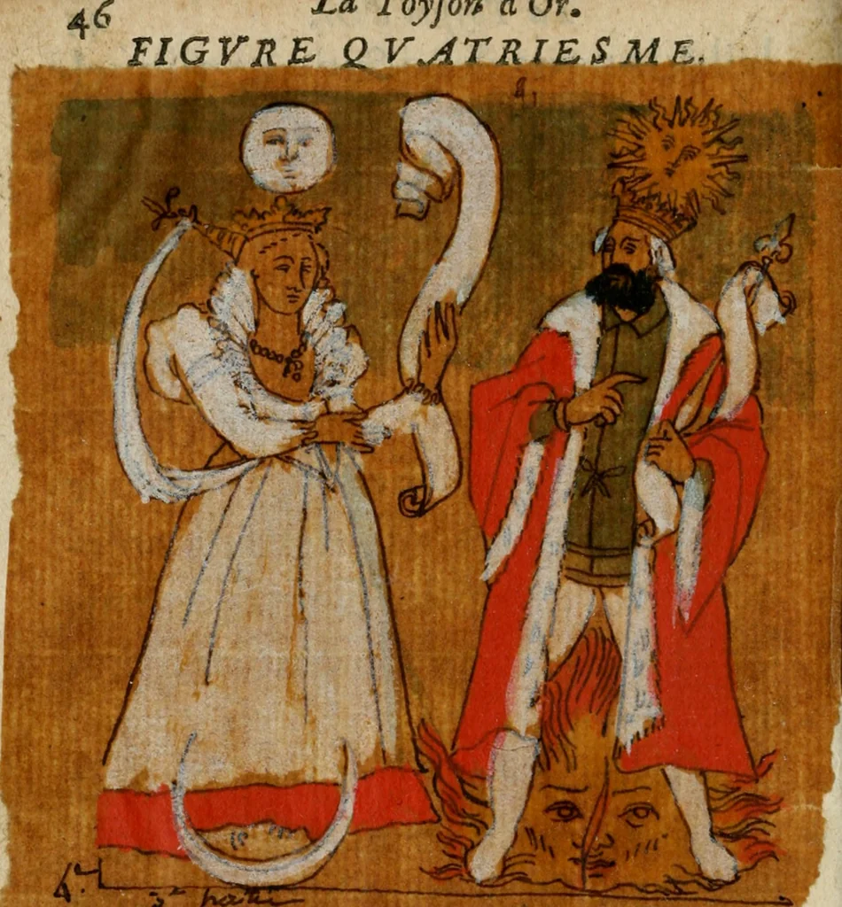An illustration from La toyson d'or, ov, La flevr des thresors, en laqvelle est svccinctement & methodiquement traicté de la pierre des philosophes, de son excellence, effects & vertu admirable : plvs, de son origine & du vray moyen de pouuoir paruenir à perfection ..., 1612, leaf 69