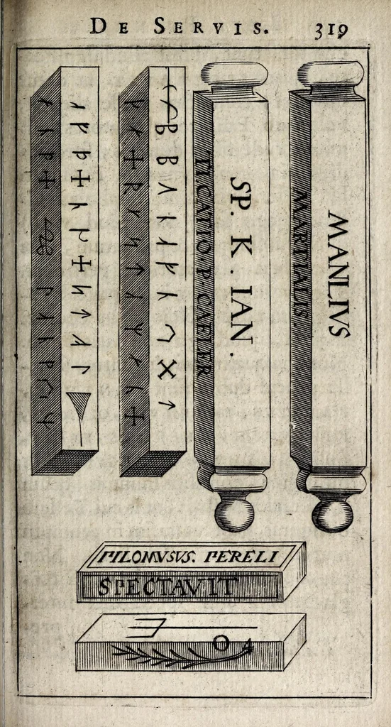 An illustration from Laurentii Pignorii Patavini De servis, & eorum apud veteres ministeriis, commentarius : in quo familia, tum urbana, tum rustica, ordine producitur & illustratur, 1674, leaf 385