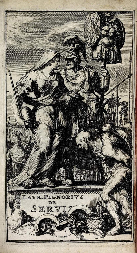 An illustration from Laurentii Pignorii Patavini De servis, & eorum apud veteres ministeriis, commentarius : in quo familia, tum urbana, tum rustica, ordine producitur & illustratur, 1674, leaf 5
