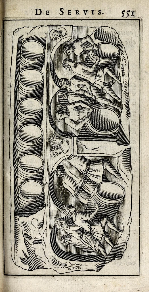 An illustration from Laurentii Pignorii Patavini De servis, & eorum apud veteres ministeriis, commentarius : in quo familia, tum urbana, tum rustica, ordine producitur & illustratur, 1674, leaf 633