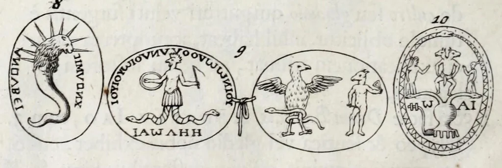 An illustration from Laurentii Pignorii Patavini Mensa Isiaca : qua sacrorum apud Aegyptios ratio & simulacra subjectis tabulis aeneis simul exhibentur & explicantur : accessit ejusdem authoris de Magna Deum Matre discursus, & sigillorum, gemmarum, amuletorum aliquot figurae & earundem ex Kirchero Chifletioque interpretatio : nec non Jacobi Philippi Tomasini Manus aenea, & de vita rebusque Pignorii dissertatio., 1669, leaf 132