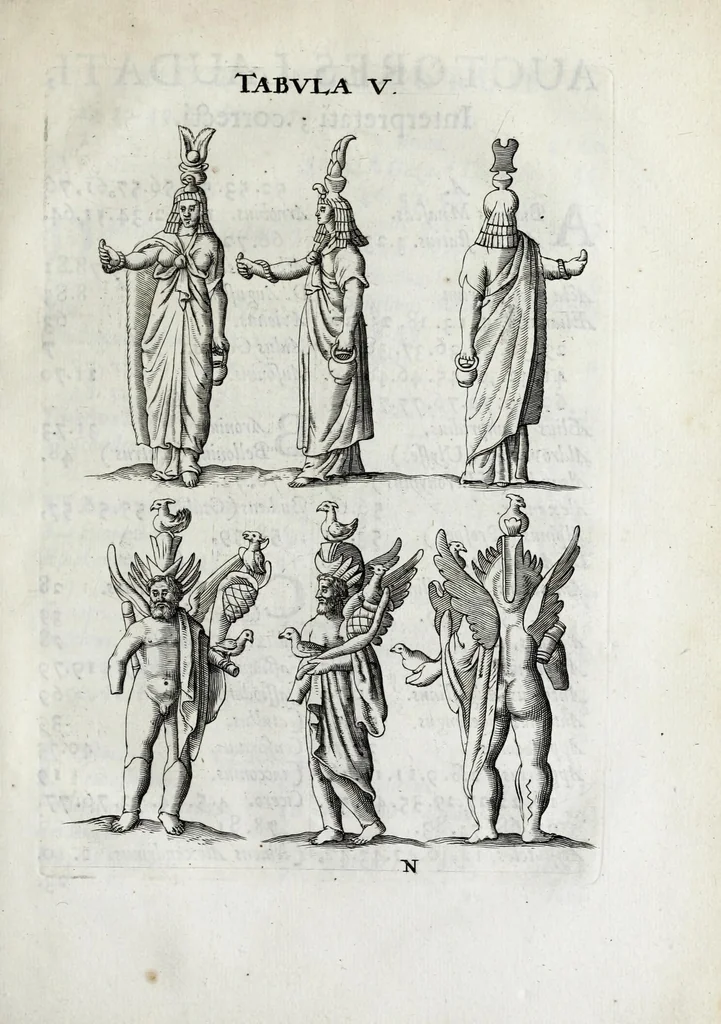 An illustration from Laurentii Pignorii Patavini Mensa Isiaca : qua sacrorum apud Aegyptios ratio & simulacra subjectis tabulis aeneis simul exhibentur & explicantur : accessit ejusdem authoris de Magna Deum Matre discursus, & sigillorum, gemmarum, amuletorum aliquot figurae & earundem ex Kirchero Chifletioque interpretatio : nec non Jacobi Philippi Tomasini Manus aenea, & de vita rebusque Pignorii dissertatio., 1669, leaf 139
