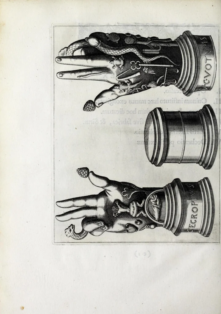 An illustration from Laurentii Pignorii Patavini Mensa Isiaca : qua sacrorum apud Aegyptios ratio & simulacra subjectis tabulis aeneis simul exhibentur & explicantur : accessit ejusdem authoris de Magna Deum Matre discursus, & sigillorum, gemmarum, amuletorum aliquot figurae & earundem ex Kirchero Chifletioque interpretatio : nec non Jacobi Philippi Tomasini Manus aenea, & de vita rebusque Pignorii dissertatio., 1669, leaf 192