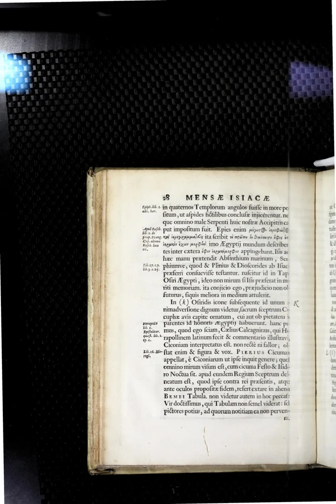 An illustration from Laurentii Pignorii Patavini Mensa Isiaca : qua sacrorum apud Aegyptios ratio & simulacra subjectis tabulis aeneis simul exhibentur & explicantur : accessit ejusdem authoris de Magna Deum Matre discursus, & sigillorum, gemmarum, amuletorum aliquot figurae & earundem ex Kirchero Chifletioque interpretatio : nec non Jacobi Philippi Tomasini Manus aenea, & de vita rebusque Pignorii dissertatio., 1669, leaf 54