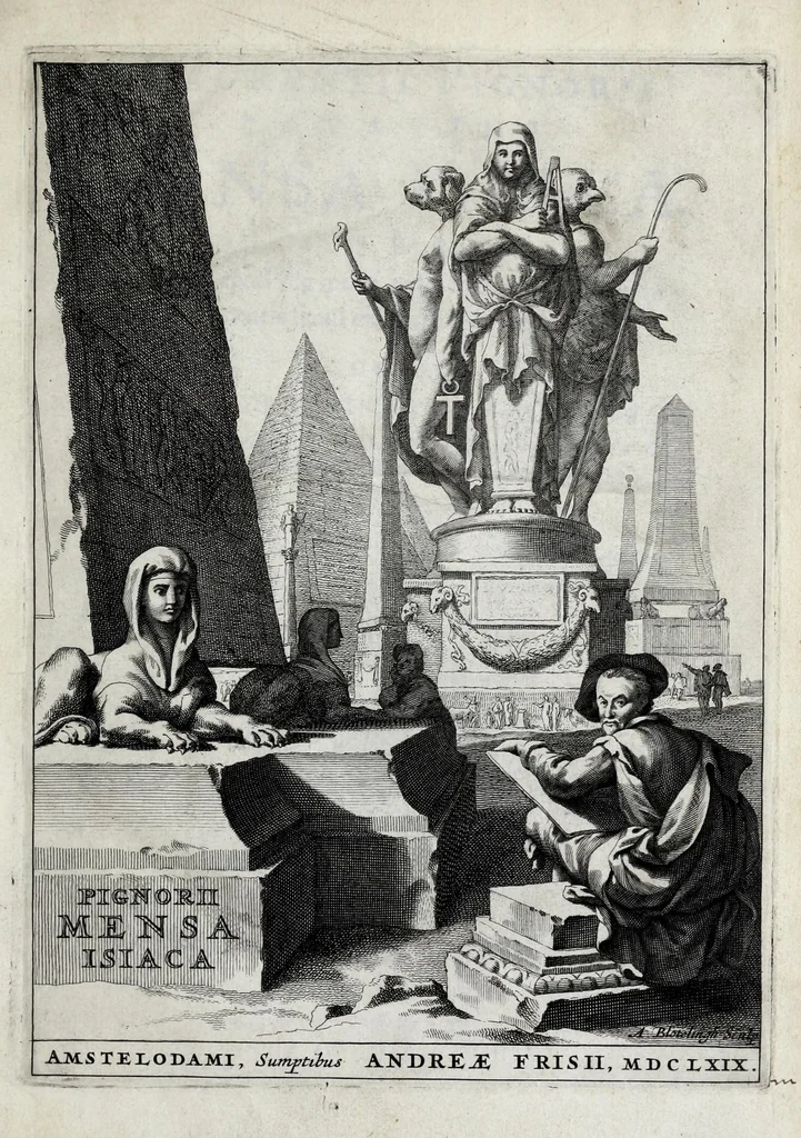 An illustration from Laurentii Pignorii Patavini Mensa Isiaca : qua sacrorum apud Aegyptios ratio & simulacra subjectis tabulis aeneis simul exhibentur & explicantur : accessit ejusdem authoris de Magna Deum Matre discursus, & sigillorum, gemmarum, amuletorum aliquot figurae & earundem ex Kirchero Chifletioque interpretatio : nec non Jacobi Philippi Tomasini Manus aenea, & de vita rebusque Pignorii dissertatio., 1669, leaf 7