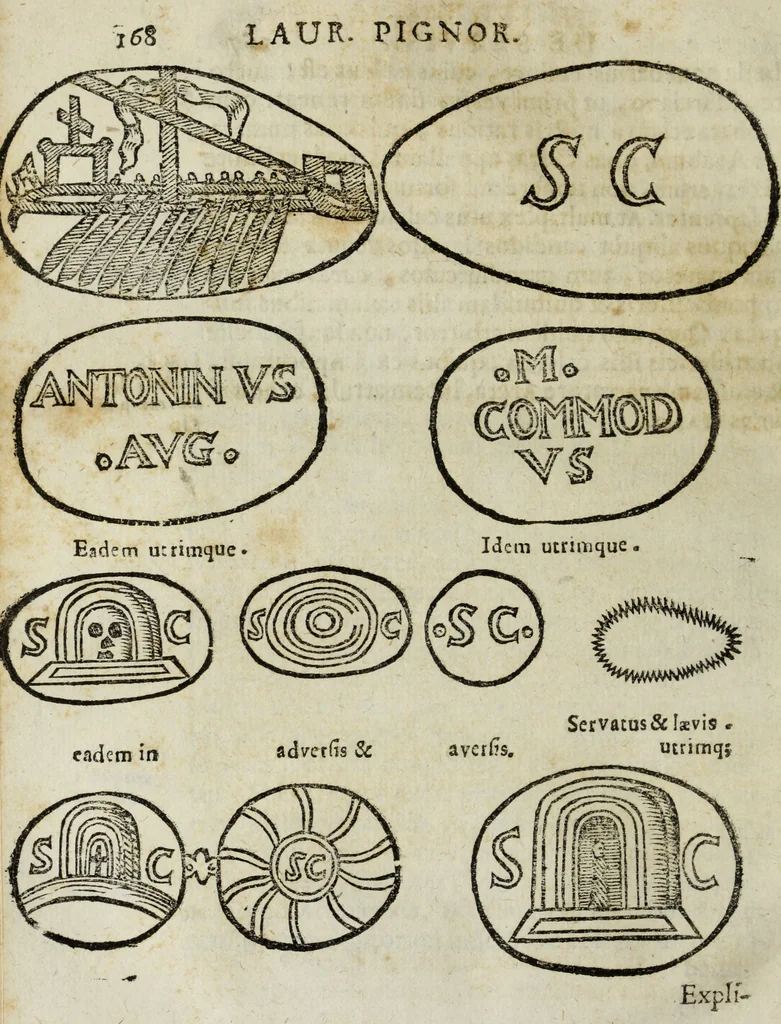 An illustration from Laurentij Pignorij Patavini De servis, et eorum apud veteres ministerijs commentarius : in hac ultima editione pro rerum diversitate discretus in capita additis titulis denotata : accessit, Symbolarum epistolicarum liber, 1694, leaf 205