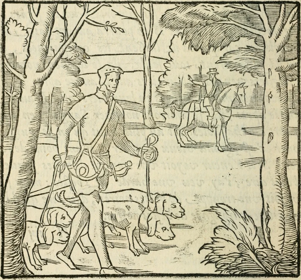 An illustration from La venerie de Jacques du Fouilloux, gentil-homme, seigneur dudit lieu, pays de Gastine, en Poitou; ... avec plusieurs receptes et remedes pour guerir les chiens de diverses maladies; plus, l'Adolescence de l'autheur, 1562, leaf 131