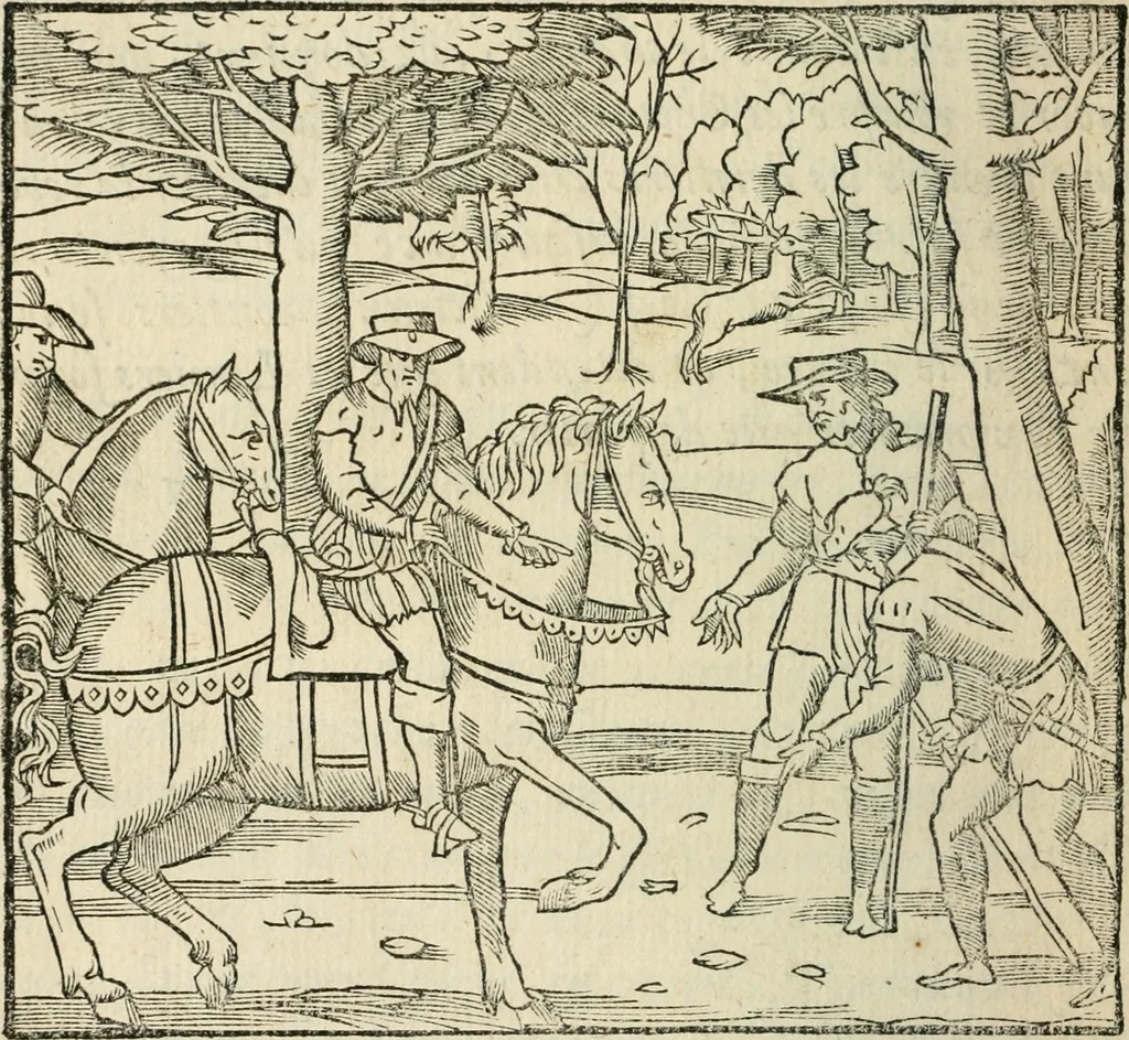 An illustration from La venerie de Jacques du Fouilloux, gentil-homme, seigneur dudit lieu, pays de Gastine, en Poitou; ... avec plusieurs receptes et remedes pour guerir les chiens de diverses maladies; plus, l'Adolescence de l'autheur, 1562, leaf 143
