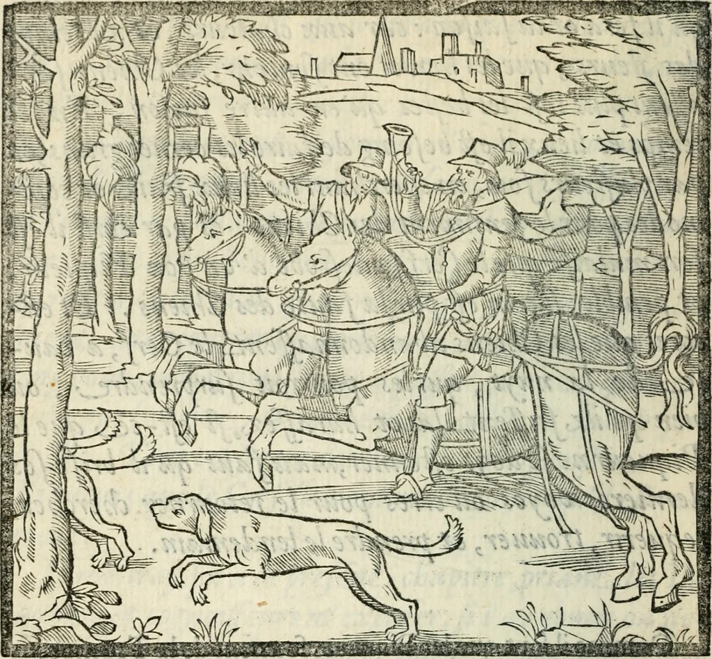 An illustration from La venerie de Jacques du Fouilloux, gentil-homme, seigneur dudit lieu, pays de Gastine, en Poitou; ... avec plusieurs receptes et remedes pour guerir les chiens de diverses maladies; plus, l'Adolescence de l'autheur, 1562, leaf 161