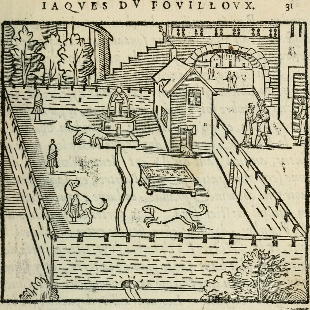 An illustration from La venerie de Jacques du Fouilloux, gentil-homme, seigneur dudit lieu, pays de Gastine, en Poitou; ... avec plusieurs receptes et remedes pour guerir les chiens de diverses maladies; plus, l'Adolescence de l'autheur, 1562, leaf 42