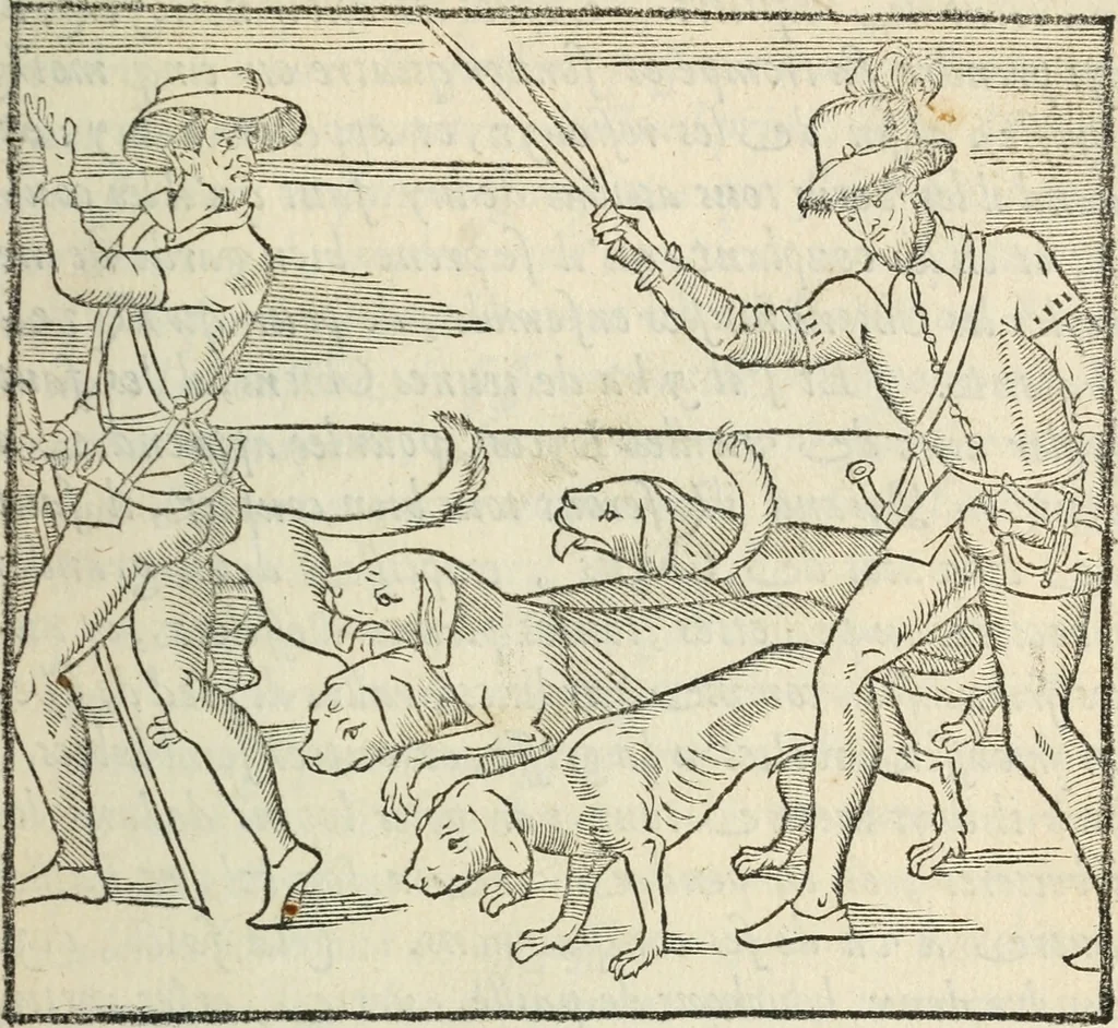An illustration from La venerie de Jacques du Fouilloux, gentil-homme, seigneur dudit lieu, pays de Gastine, en Poitou; ... avec plusieurs receptes et remedes pour guerir les chiens de diverses maladies; plus, l'Adolescence de l'autheur, 1562, leaf 46